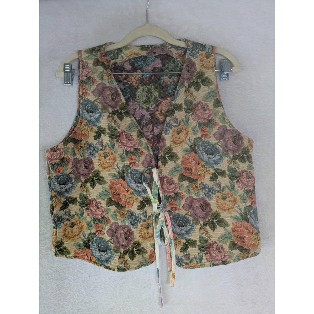 Shein Tapestry Vest Women's L Multicolor Floral Tie Front Boho Cottagecore Retro
